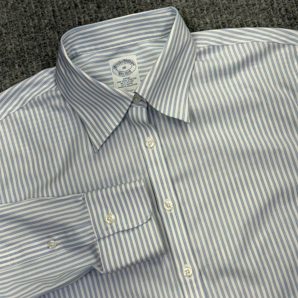 Brooks Brothers Fitted Non-Iron Stretch Striped Shirt Blue White Size 10